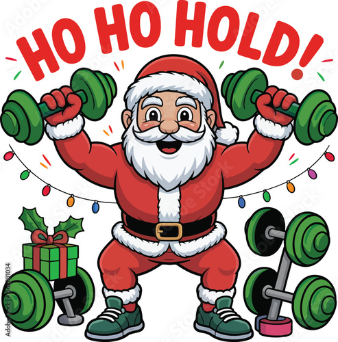 Santa Claus Workout In A Festive Gym Using Dumbbells