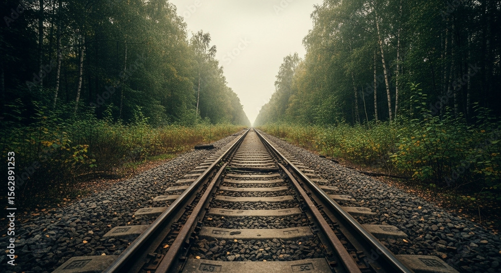 Fototapeta premium Railroad Tracks Through Autumn Forest Mist. Foggy railway cutting through a dense forest with autumn colors and a sense of solitude.
