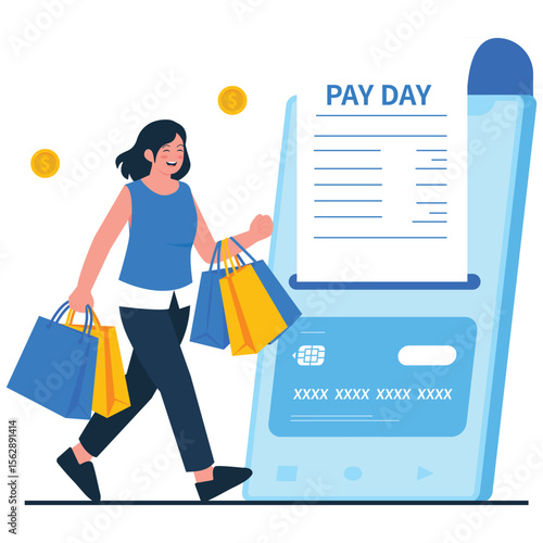 Celebrate Payday Sale Illustration. Vector illustration of Happy woman walking with shopping bags after receiving her salary on payday using a digital card reader. Isolated on background