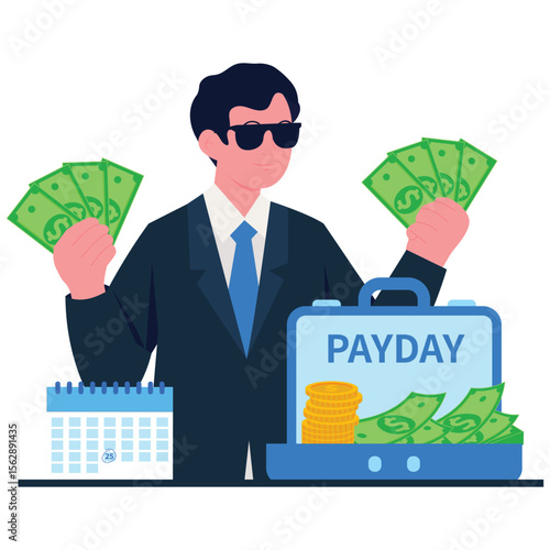Celebrate Payday Sale Illustration. Vector illustration of Businessman in suit holding cash with payday briefcase full of money and coins. Isolated on background