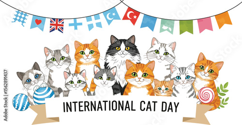 Group of cats celebrating international cat day with flags above them