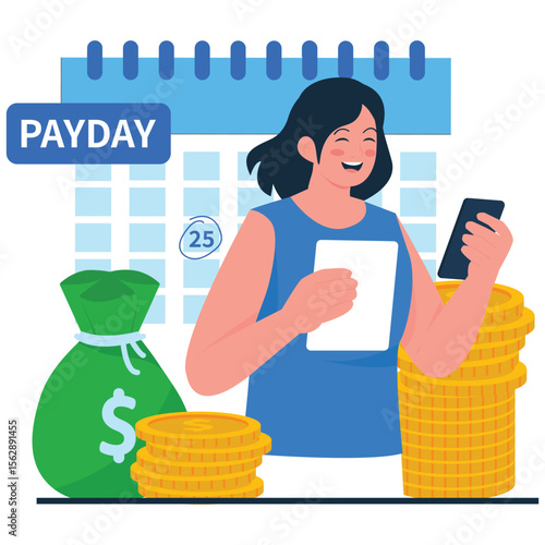 Celebrate Payday Sale Illustration. Vector illustration of Happy woman surrounded by money and calendar while checking payday notification on mobile. Isolated on background