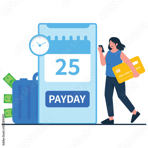 Celebrate Payday Sale Illustration. Vector illustration of Woman smiling while receiving a payday notification on her phone, holding credit card and walking. Isolated on background