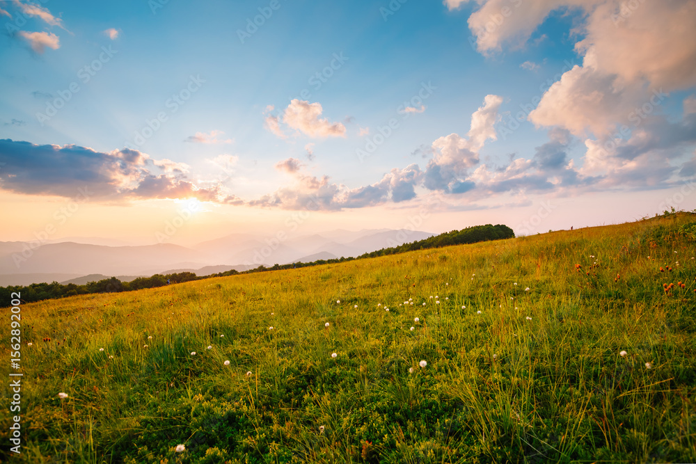 Fototapeta premium Soft rays of a setting sun illuminate the vast meadow and the distant mountains. Photo wallpaper.
