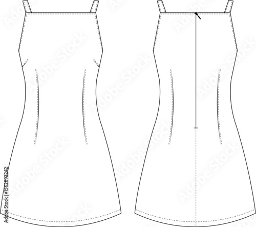 sleeveless strappy strapped shoulder straps square neck princess darted tailored bodycon mini short dress denim template technical drawing flat sketch cad mockup fashion woman design style model 
