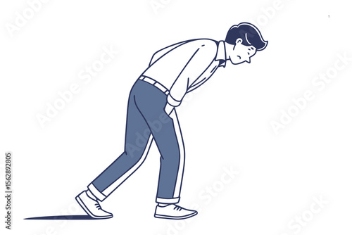 Man with Back Pain: A man is depicted with a bent posture, clutching his lower back, in a display of pain and discomfort.