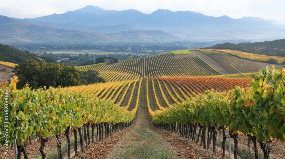 Fototapeta premium Vineyard rows stretching towards distant mountains