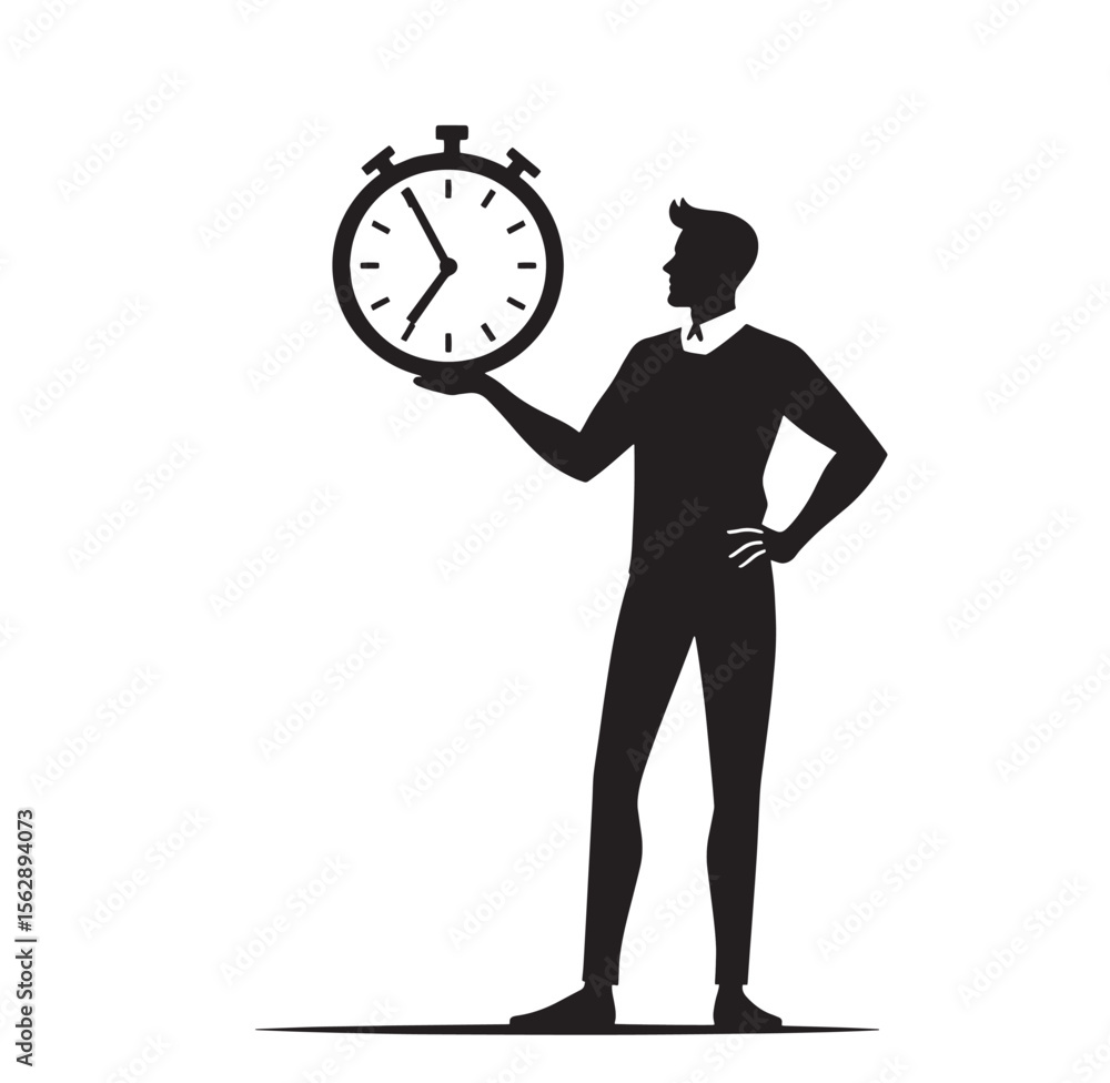 Black Silhouette Vector of Person Holding Clock in Hand Representing Time Management Scene on White Background Full HD Black Silhouette Vector of Person Holding Clock in Hand Representing Time Management Scene on White Background Full HD