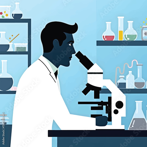 Black silhouette of a scientist looking into a microscope, research or lab experiment scene, minimal flat vector, Full HD (1).eps