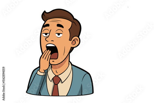 Boredom at Work: A cartoon businessman, captured mid-yawn, his expression a visual representation of fatigue, sleepiness, and the monotony of the office life.