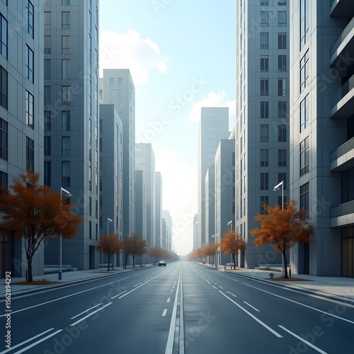 A modern, clean, and silent city with tall buildings, empty roads, autumn trees, peaceful atmosphere, no people or vehicles, perfect for futuristic or conceptual urban scenes.