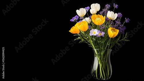 Colorful flowers in a clear glass vase against a black background.