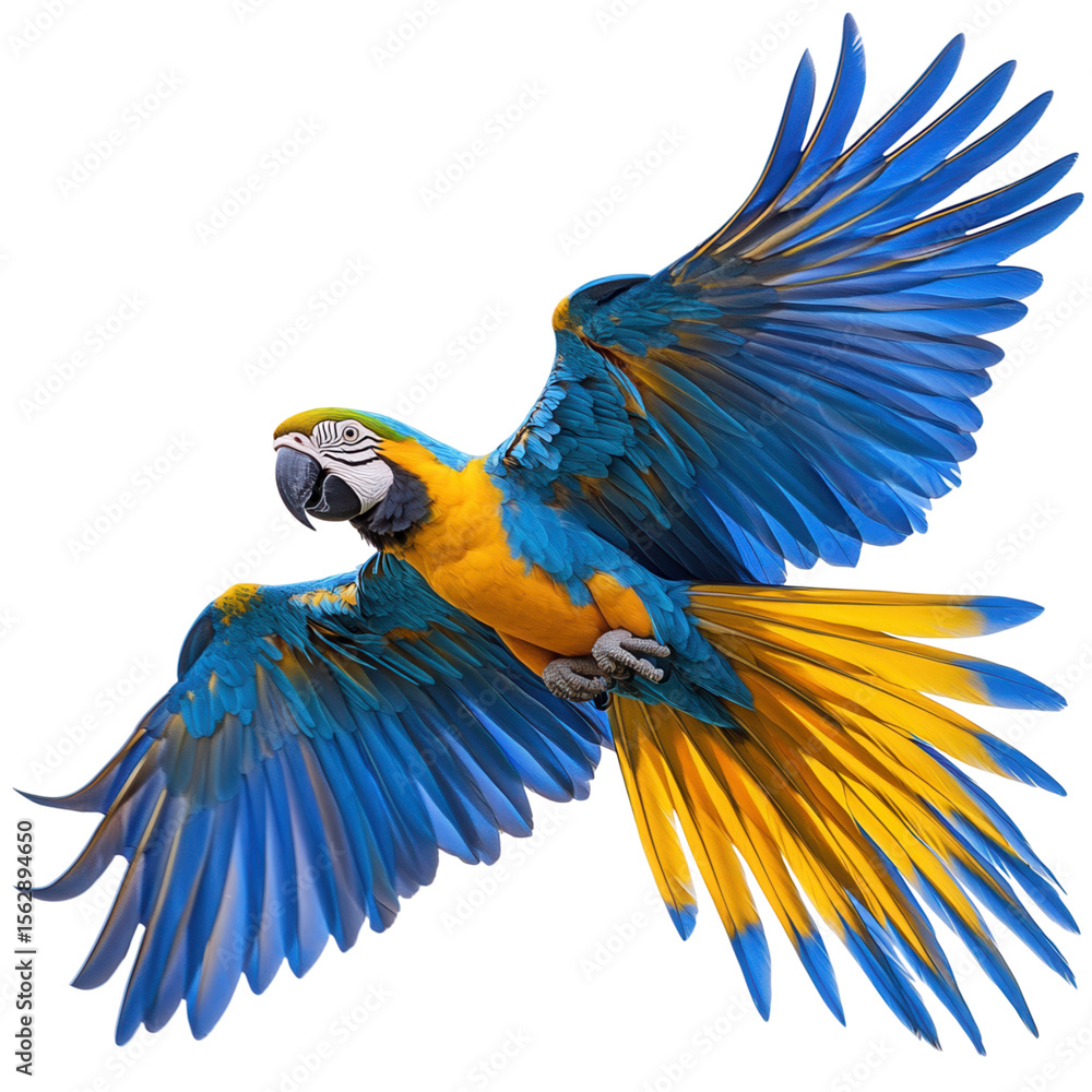 Fototapeta premium Colorful blue and yellow parrot isolated on transparent background 
