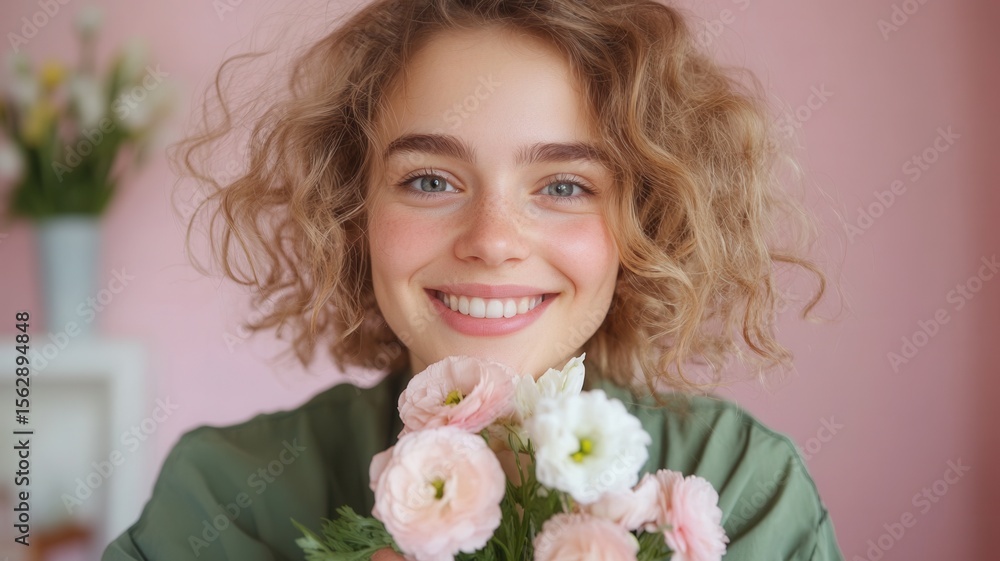 pink blonde woman holding lush lisianthus bouquet, standing against soft Smiling backdrop with radiant expression pink blonde woman holding lush lisianthus bouquet, standing against soft Smiling backdrop with radiant expression