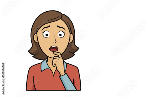 Moment of Apprehension: A woman, eyes wide with shock and concern, gestures towards her mouth with a furrowed brow, conveying a sense of worry.