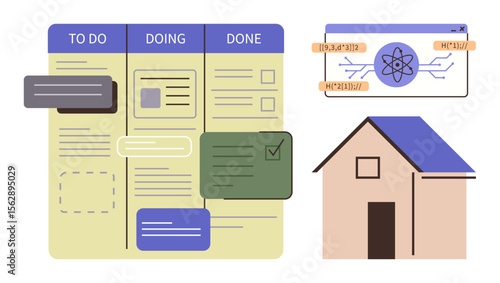 Kanban board with tasks under To Do, Doing, and Done, atomic model concept for science, simple house design. Ideal for workflow management, education, planning, engineering collaboration