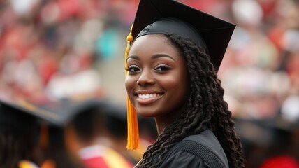 Black female graduate beaming with pride, wearing commencement attire, standing on sunlit campus after academic completing journey