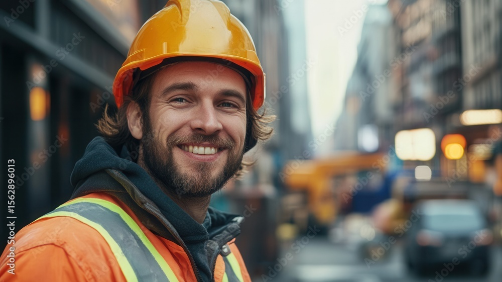 and construction engineer smiling, wearing hardhat and safety vest, standing amid workers Professional heavy machinery at bustling worksite and construction engineer smiling, wearing hardhat and safety vest, standing amid workers Professional heavy machinery at bustling worksite
