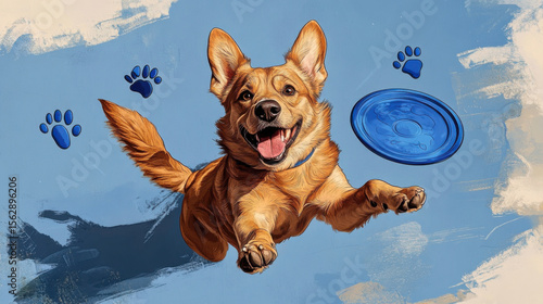 Joyful dog leaps through air, chasing blue frisbee against textured blue background with paw prints. scene captures playful energy and excitement of pet in motion