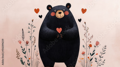 Cute illustration of smiling black bear holding heart, surrounded by whimsical flowers and hearts, creates warm and loving atmosphere