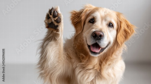 Joyful golden retriever dog happily raising its paw in a high five gesture with a bright and vibrant backdrop