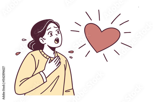 Love's Surprise: A woman, with wide eyes, a hand on her chest, and a gasp of awe, looks at a glowing heart icon. This captures feelings of amazement and the powerful, overwhelming feeling of love.