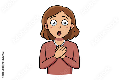 Surprised expression of woman: A captivating visual narrative of woman's emotional state, her eyes widen and mouth agape, showcasing pure shock and amazement with a gentle touch upon her chest.