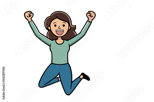 Joyful Leap: A lively illustration capturing a woman jumping high, full of energy, with arms raised high in a moment of uncontainable elation, embodying happiness and the exhilaration of pure glee.