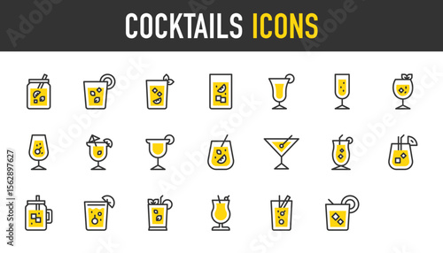 Cocktails vector icons. such as Pisco Sour, Bloody Mary, Cocktail, Cuba Libre, Gin Tonic, Margarita, Martini, Piña Colada, Caipirinha, Champagne illustration.
