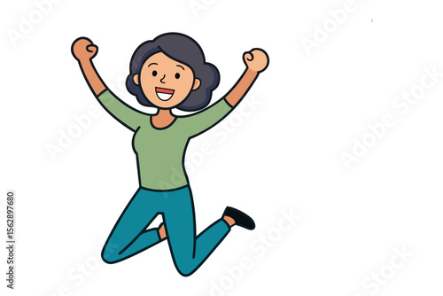 Joyful Leap: A vector illustration of a woman in a moment of pure happiness and exuberance, jumping with arms raised in the air and a radiant smile.