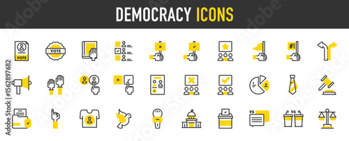 Democracy vector icons. such as Support, Candidates, Justice Court, Debate, Vote, Justice Scale, Direction, Raise Hand, Choice, Protest, Capitol, Candidate, Dove illustration.	
