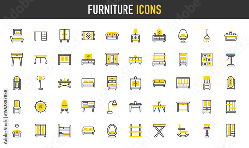 Furniture vector icons. such as Book Shelf, Wardrobe, Chair, Lamp, Sofa, Cabinet, Tv Table, Double Bed, Mirror, Bar Stool, Clock, Coffee Table, Couch, Crib, Desk, Dining illustration.	
