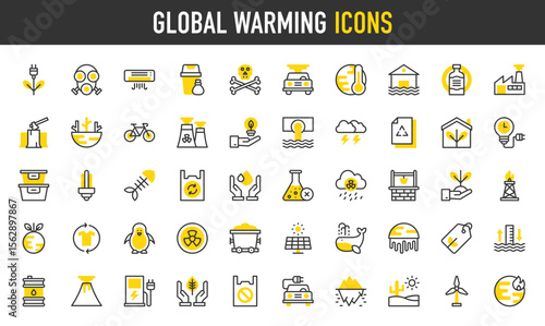 Global warming vector icons. such as Sea Level, Forbidden, Second Hand, Leaf, Electric Charge, Tupperware, Deforestation, Green Energy, Earth Hour, Mining Cart, Reuse illustration.	
