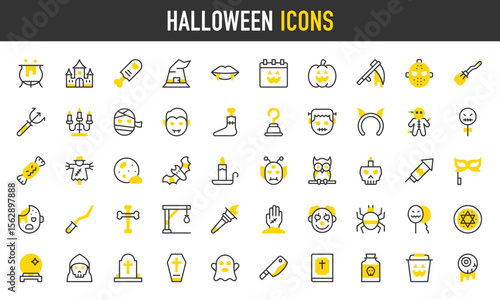 Halloween vector icons. such as Coffin, Tombstone, Serial Killer, Bible, Balloon, Circle, Cleaver, Clown, Cross, Devil, Eye Mask, Eyeball, Finger, Bat, Fireworks, Ghost illustration.	
