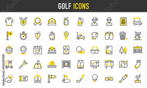 Golf vector icons. such as Polo, Golf, Mini Golf, Golf Ball, Golf Bag, Sock, Scoreboard, Lawn Mower, Map, Golfer, Weather, App, Forest, Gloves, Golf Flag, Stick, Binocular illustration.	