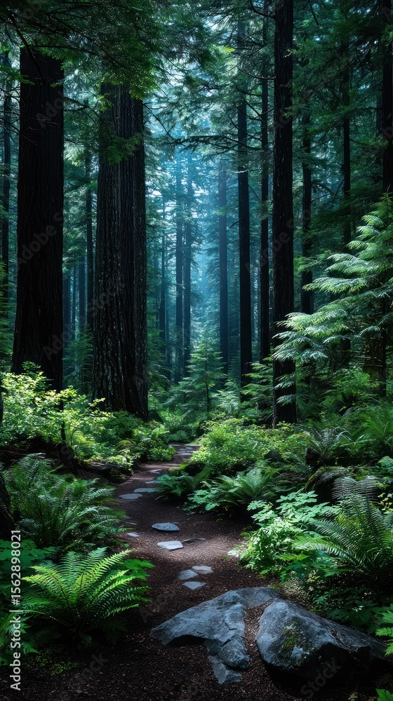 Fototapeta premium Misty forest path winding through tall trees