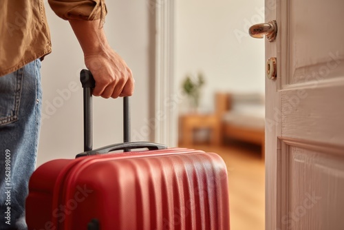 Man pulls luggage in room, travel or relocation. Door open to home interior