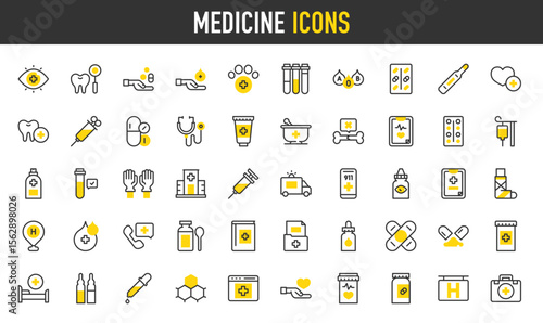 Medicine vector icons. such as Medical Kit, Eye, Hospital Bed, Dropper, Perfusion, Pill, Blood Tube, Ambulance, Medical App, Eye Drop, Bone, Stethoscope, Emergency Call illustration.	
