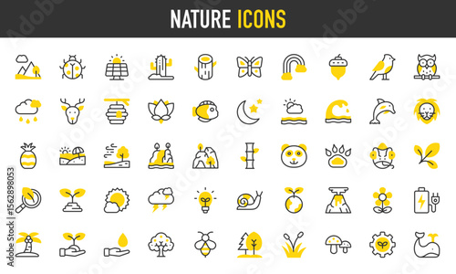 Nature vector icons. such as Power Bank, Forest, Research, Mountain, Fruit Tree, Waterfall, Environment, Snail, Bird, Gear, Owl, Log, Plant Leaf, Lotus Flower, Solar Panel illustration.	