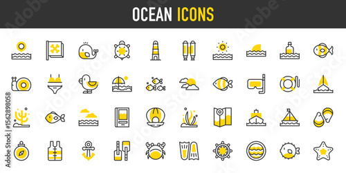 Ocean vector icons. such as Ship, Fish, Beach, Shark, Shells, Seaweed, Waves, Sun, Porthole, Anchor, Fins, Helm, Life Vest, Lifesaver, Lighthouse, Oars, Ocean, Pirate Flag illustration.	