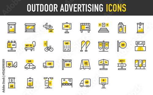 Outdoor advertising vector icons. such as Led, Ads, Mupi, Roll Up, Megaphone, Boarding, Roadshow, Poster, Store Sign, Billboard, Bike, Bow Flags, Document, Aircraft illustration.	
