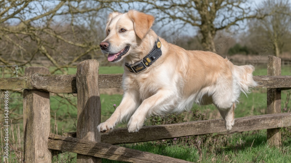 Golden retriever joyfully jumping over a wooden fence in a lush green field during bright sunny day Golden retriever joyfully jumping over a wooden fence in a lush green field during bright sunny day