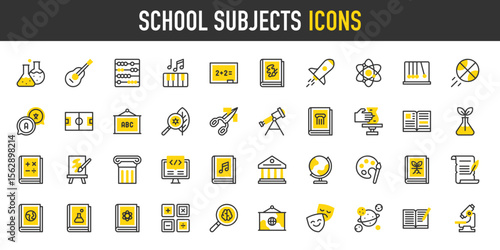 School Subjects vector icons. such as Performing, Politics, Keyboard, Biology, Psychology, Coding, Astronomy, Mathematics, History, Canvas, Geography illustration.	
