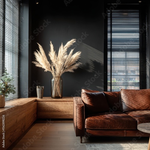 Dark, modern living room with brown leather sofa, wooden accents, large pampas grass arrangement in glass vase, and window with blinds