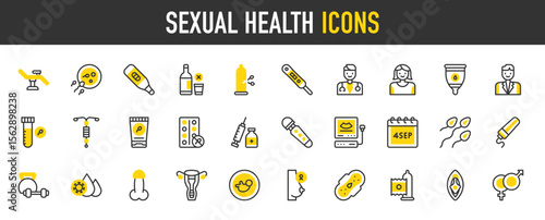 Sexual health vector icons. such as Penis, Workout, Ovulation Test, Ultrasound, No Alcohol, Spermicide, Doctor, Broken Condom, Vagina, Tampon, Hiv, Medicine, Menstrual Cup illustration.	