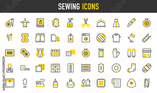 Sewing vector icons. such as Appointment, Shop, Washing Machine, Stitches, Pocket, Threads, Button, Water Spray, Book, Fabric Pattern, Thread Cut, Metre, Tag, Sock, Pants illustration.