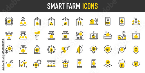 Smart farm vector icons. such as Plant, Settings, Chip, Land, Checked, Picker, Search, Settings, Location Pin, Shield, Wheat, Water, Plant, Location, Cloud, Apple, Honey illustration.	
