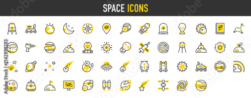 Space vector icons. such as Atmosphere, Comet, Star, Milky Way, Alien, Nebula, Space Gun, Constellation, Space Station, Falling Star, Book, Rocket Launch, Research, Gravity illustration.