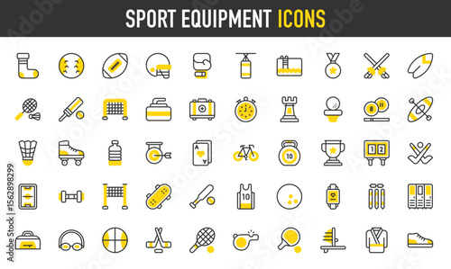 Sport equipment vector icons. such as Medal, Tennis, Poker Cards, Kayak, Locker, Dumbbells, Bycicle, Rollerskate, Ice Hockey, Medical Kit, Net, Bowling, Score Board illustration.	
