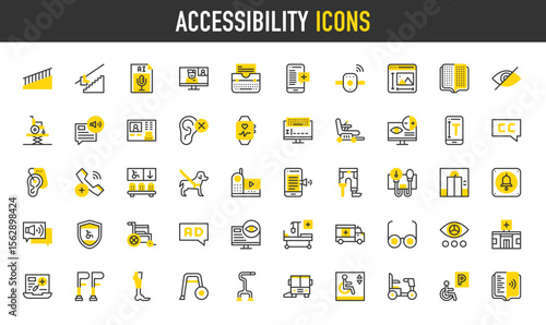 Accessibility vector icons. such as Impairment, Ramp, Color Blindness Test, Hearing, Service Dog, Wheelchair, Eyeglasses, Hearing Aid, Stair , Medical App, Prothesis illustration.	
